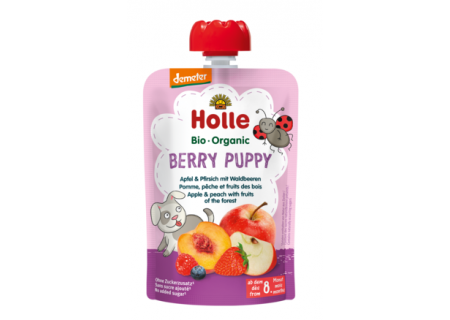 Mus owocowy „Jagodowy Piesek” (jabłko – brzoskwinia – owoce leśne) – Holle 100 g