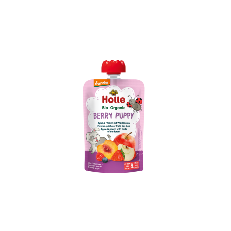 Mus owocowy „Jagodowy Piesek” (jabłko – brzoskwinia – owoce leśne) – Holle 100 g