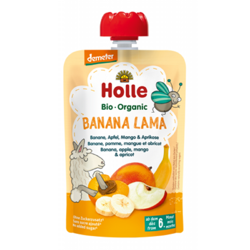 Mus owocowy „Bananowa Lama” (banan – jabłko – mango – morela) – Holle 100 g